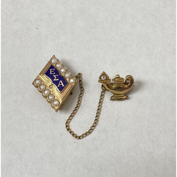 Epsilon Sigma Alpha ΕΣΑ Sorority Gold Tone Lapel Dangle Pin Seed Pearl Vintage - Picture 1 of 7